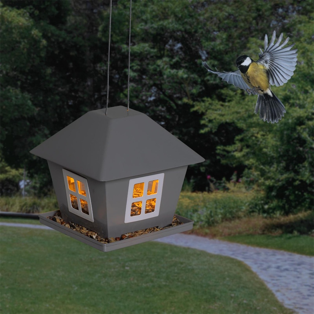 [18296] LED Solar Vogelfutterhaus mit Licht zum Aufhängen Garten Metall grau